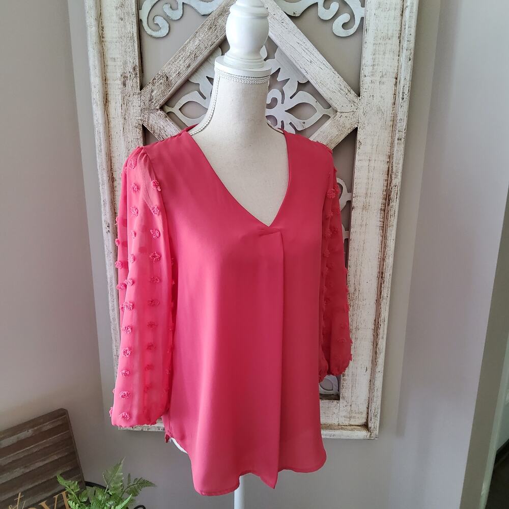 NY Collection Holly Berry Clip Dot Chiffon Sleeve V‑Neck Blouse S NWT